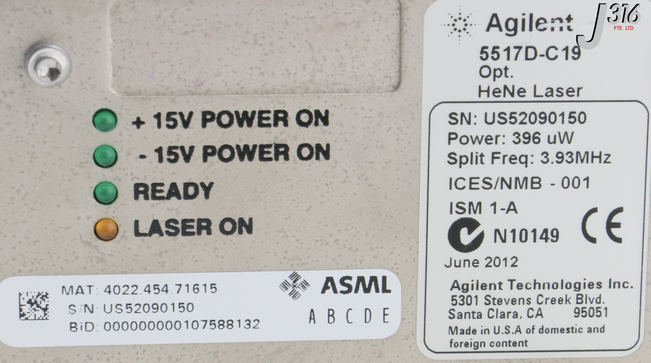 28935 AGILENT LASER HEAD, POWER: 396uW, 3.93MHZ, ASML 4022.454